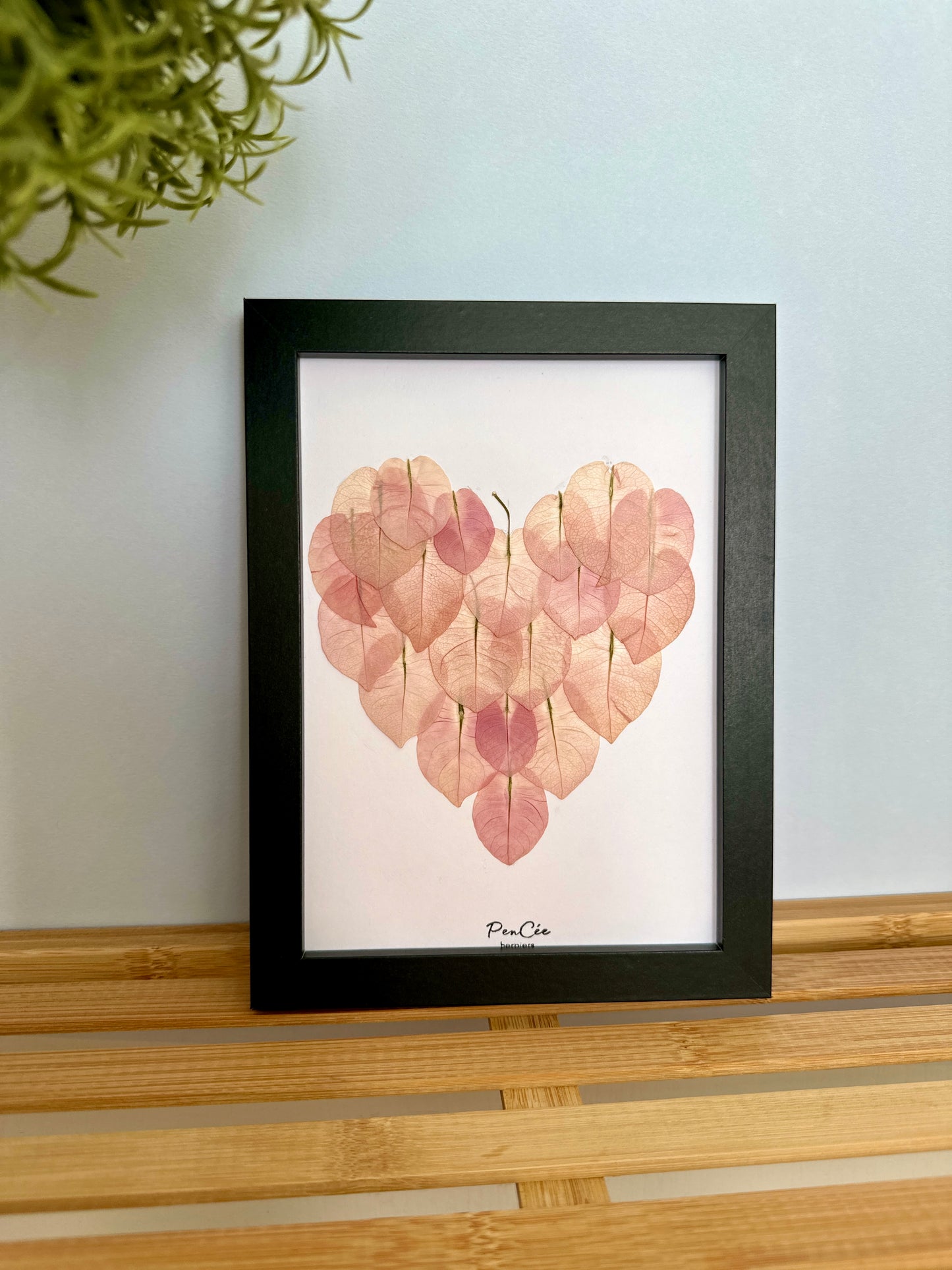 Herbier encadré artisanal PenCée en forme de cœur avec bougainvillier rose