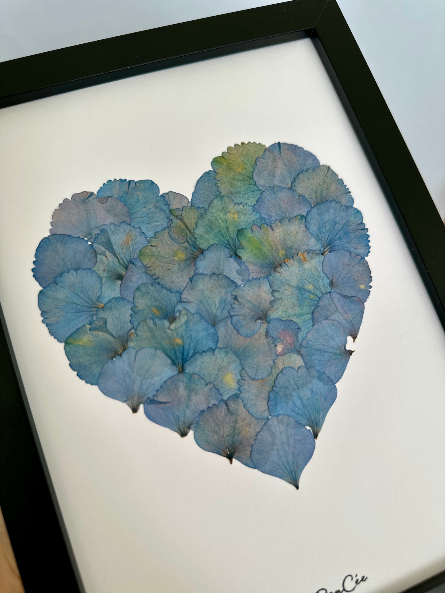 Herbier encadré fait main artisanal PenCée avec fleurs pressées composé d’hortensias bleues en forme de cœur