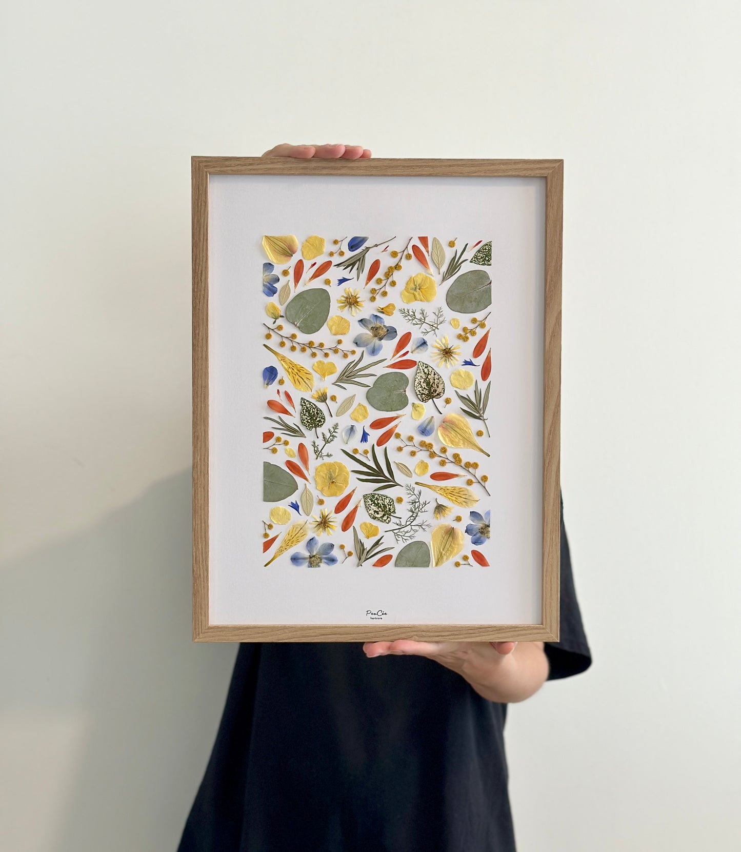 Herbier artisanal encadré PenCée avec des fleurs pressées et séchées. Composé de mimosa, eucalyptus, bleuet, pensée, delphinium, lys des Incas.