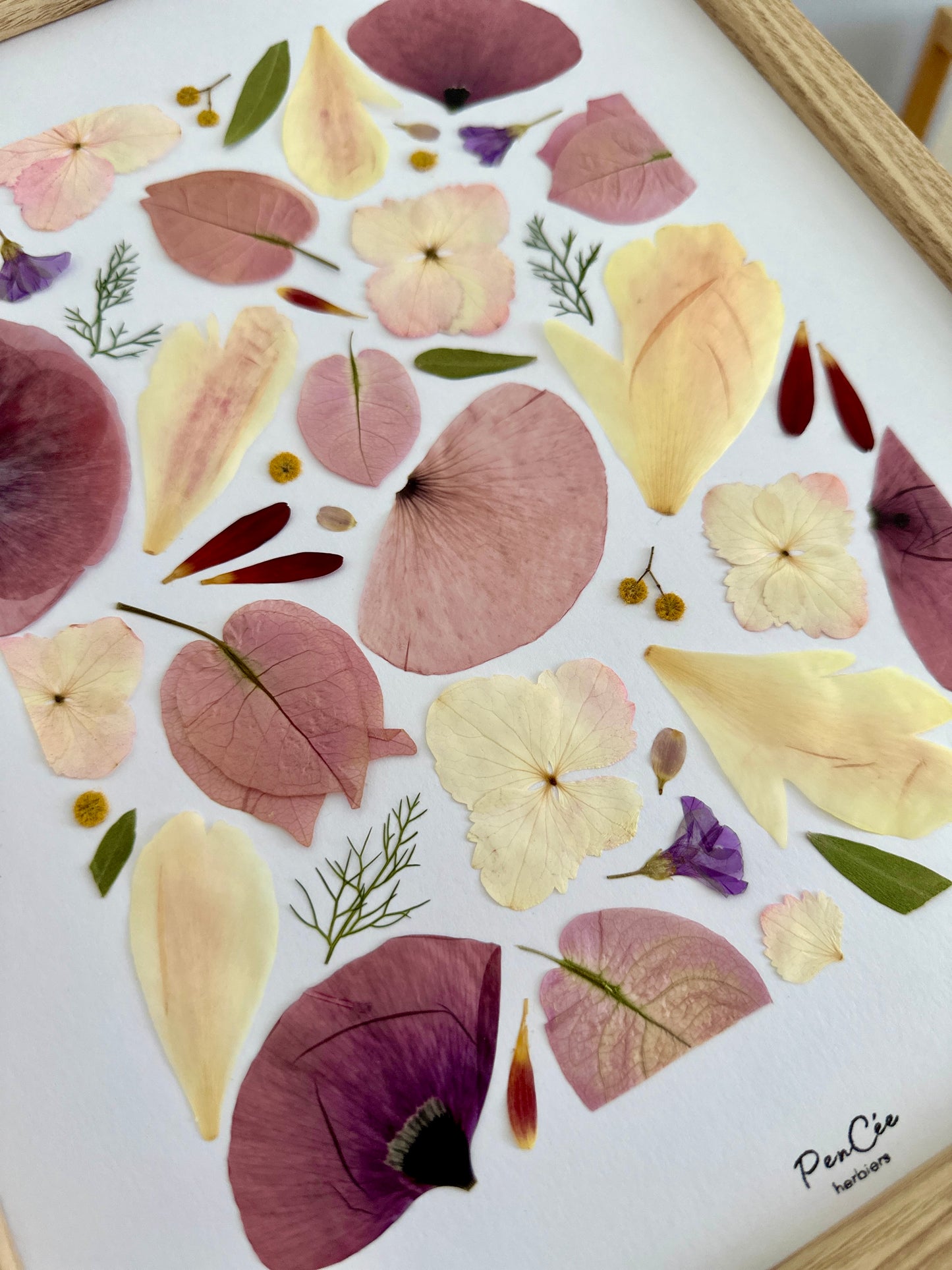 Herbier encadré artisanal PenCée avec des fleurs pressées à la main, composé de coquelicot, de pivoine, d’hortensia