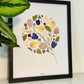 Herbier encadré artisanal fait-main PenCée avec des fleurs pressées et séchées. Composé de pensée, bougainvillier, œillet, acacia, hortensia. 
