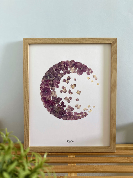 Herbier encadré fait main artisanal PenCée avec fleurs pressées, composé d’hortensias 