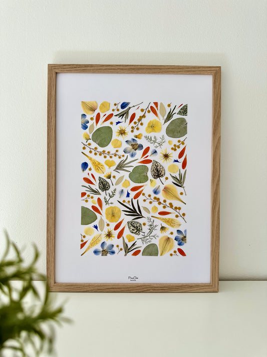 Herbier artisanal encadré PenCée avec des fleurs pressées et séchées. Composé de mimosa, eucalyptus, bleuet, pensée, delphinium, lys des Incas. 